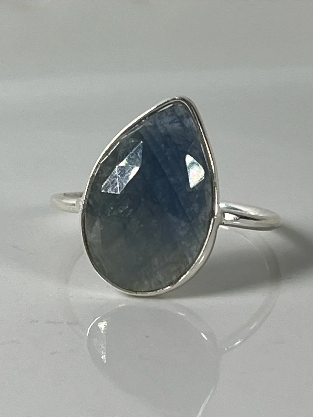 Solid Sterling Silver 925 Sapphire Corundum Gemstone Flat Stacker Ring Size 7.75